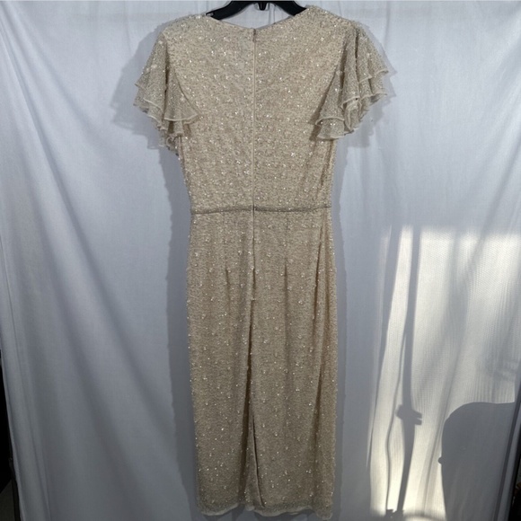 NEW $498 Mac Duggal [ 4 ] Beaded V-Neck‎ Flutter Sleeve A-Line Midi Dress - Picture 12 of 16